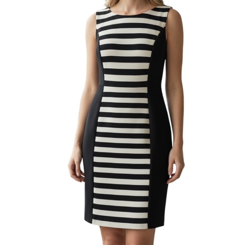 NAF NAF Gorgeous Black Satin Trim Striped Dress Tie Neck Lined EUC Size 8‎